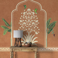 Decorative jharokha wall with banana leaves

