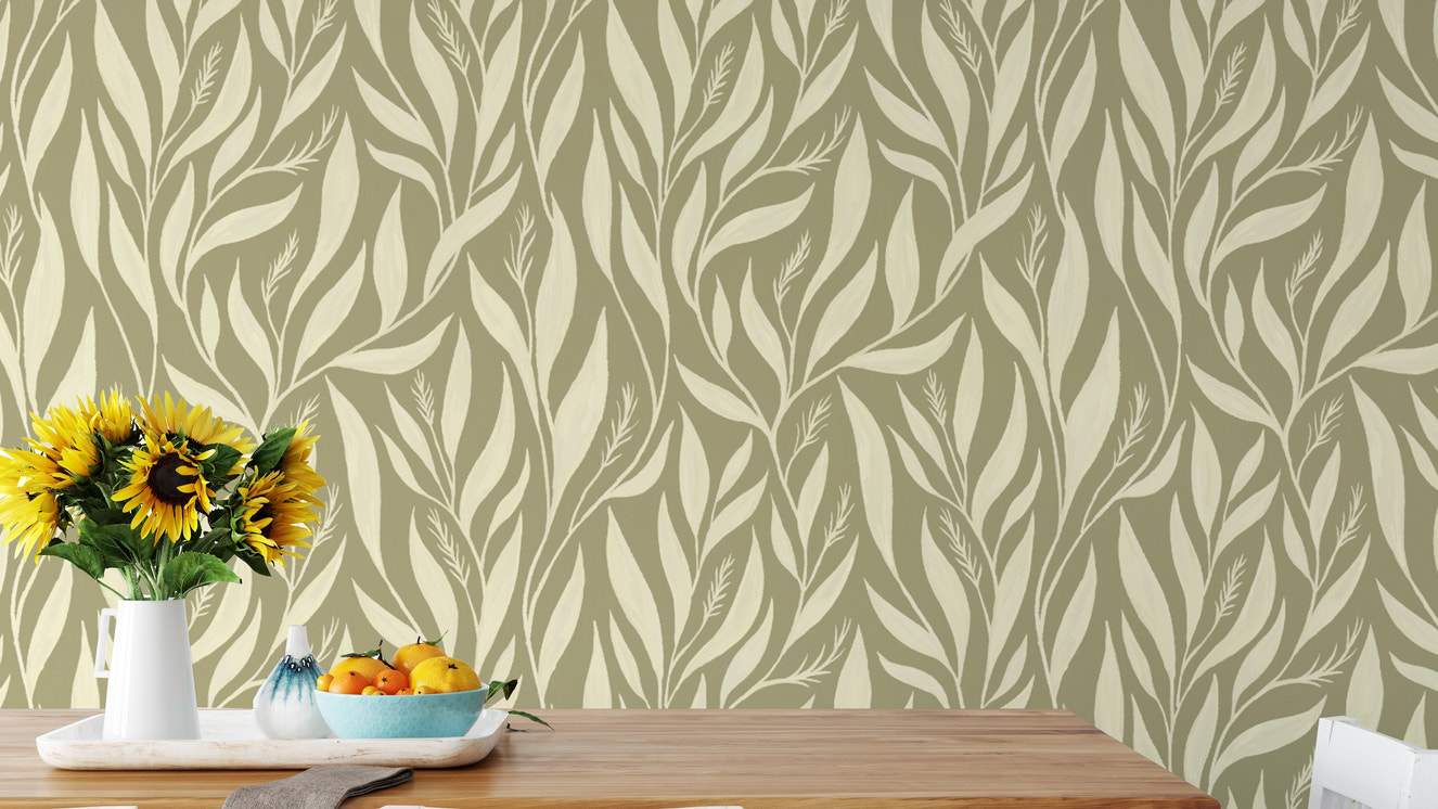 Delicate sage leaf design wall mural for decor
