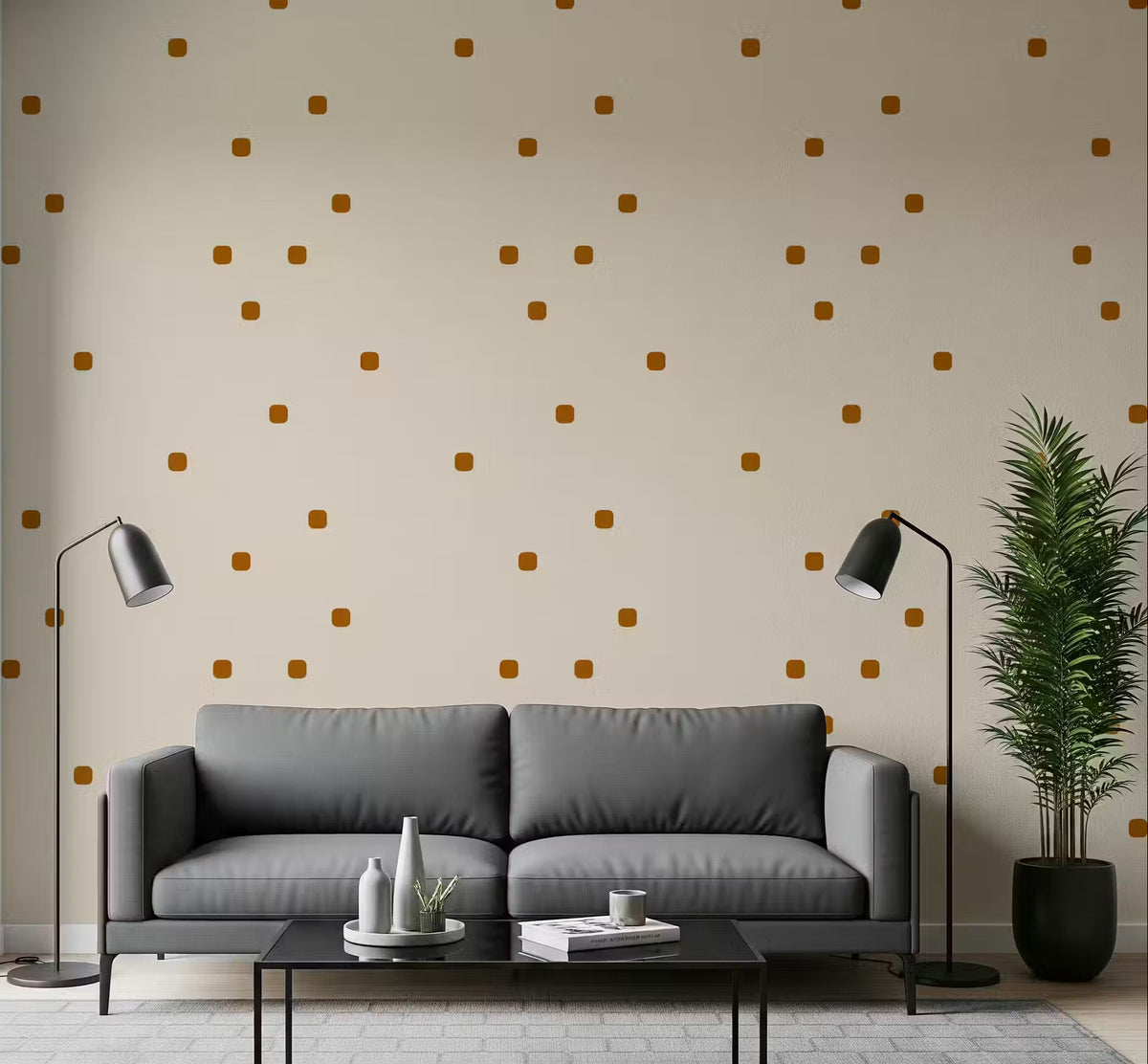 Beige blush polka dot wallpaper with scattered rust brown square dots in living room., GD10044