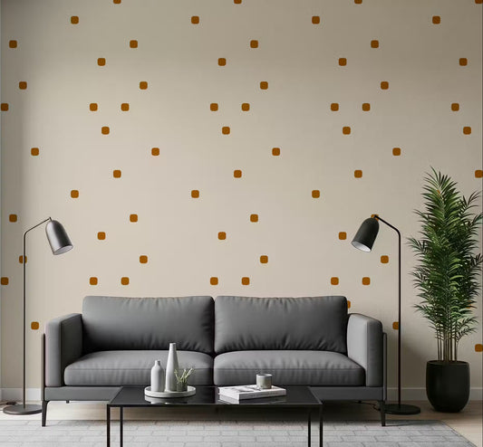 Beige blush polka dot wallpaper with scattered rust brown square dots in living room.