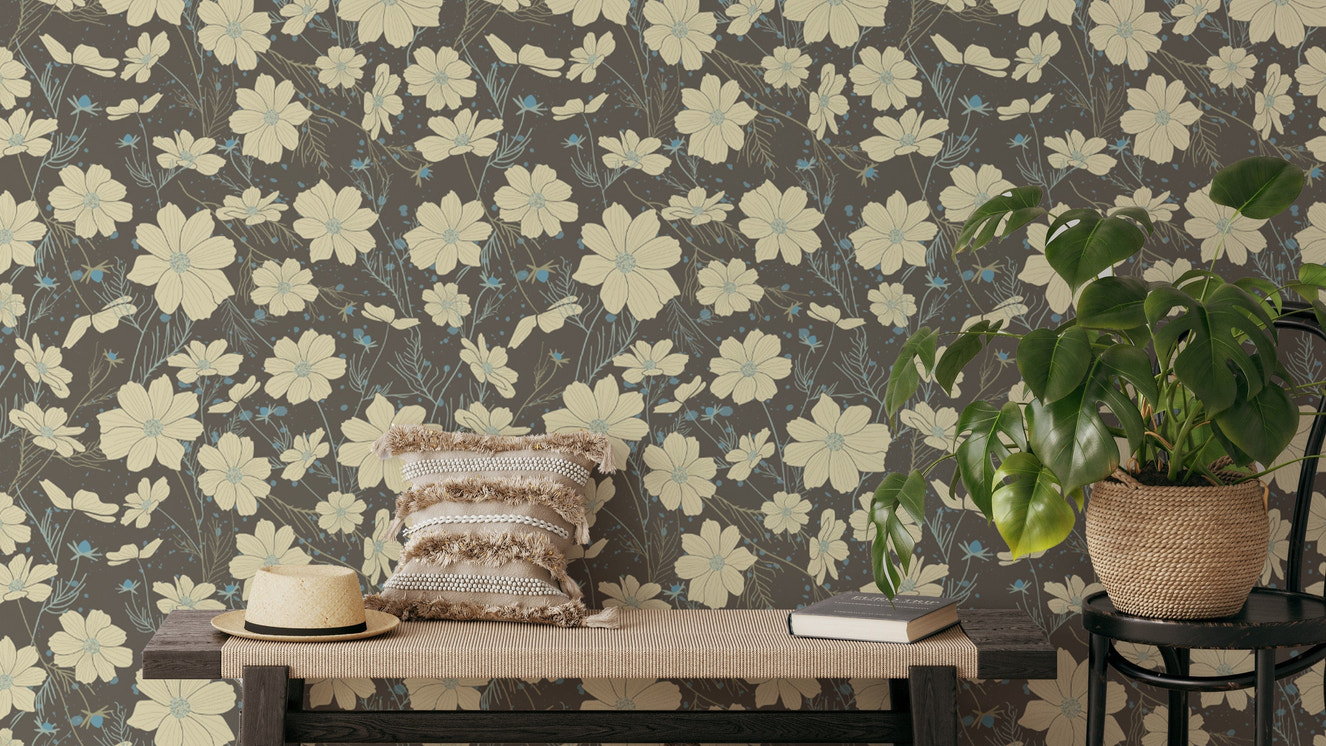 Contemporary cosmos flower wallpaper for elegant interiors.
