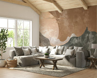 Large sun behind dark peaks mural

