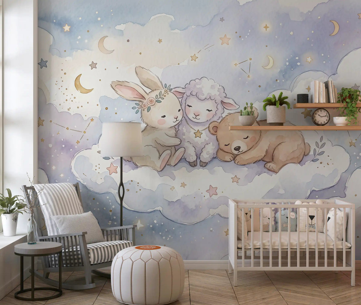 Pastel nursery mural with a bunny, lamb and bear cuddling on a cloud, GD13078