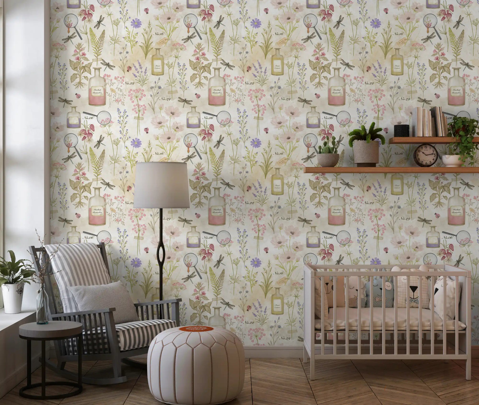 Botanical wildflower wallpaper in a nursery with a cot and cosy chair GD12713