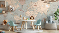 Playful vintage aeronautical world mural wallpaper for kids' rooms.
