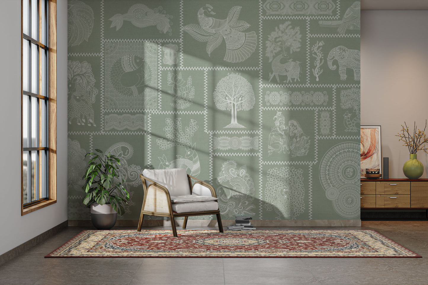 Cultural motifs in stitched patch style

