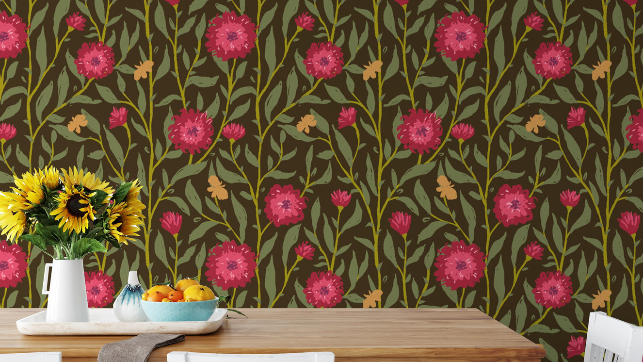 Nature-inspired spring trellis wallpaper in magenta for rich, earthy vibes.
