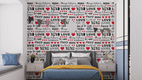 Love-themed mural with red accents
