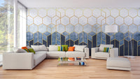 Geometric blue and gold hexagonal pattern mural
