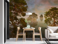Transform your space with stunning watercolor lake sunset forest mural.
