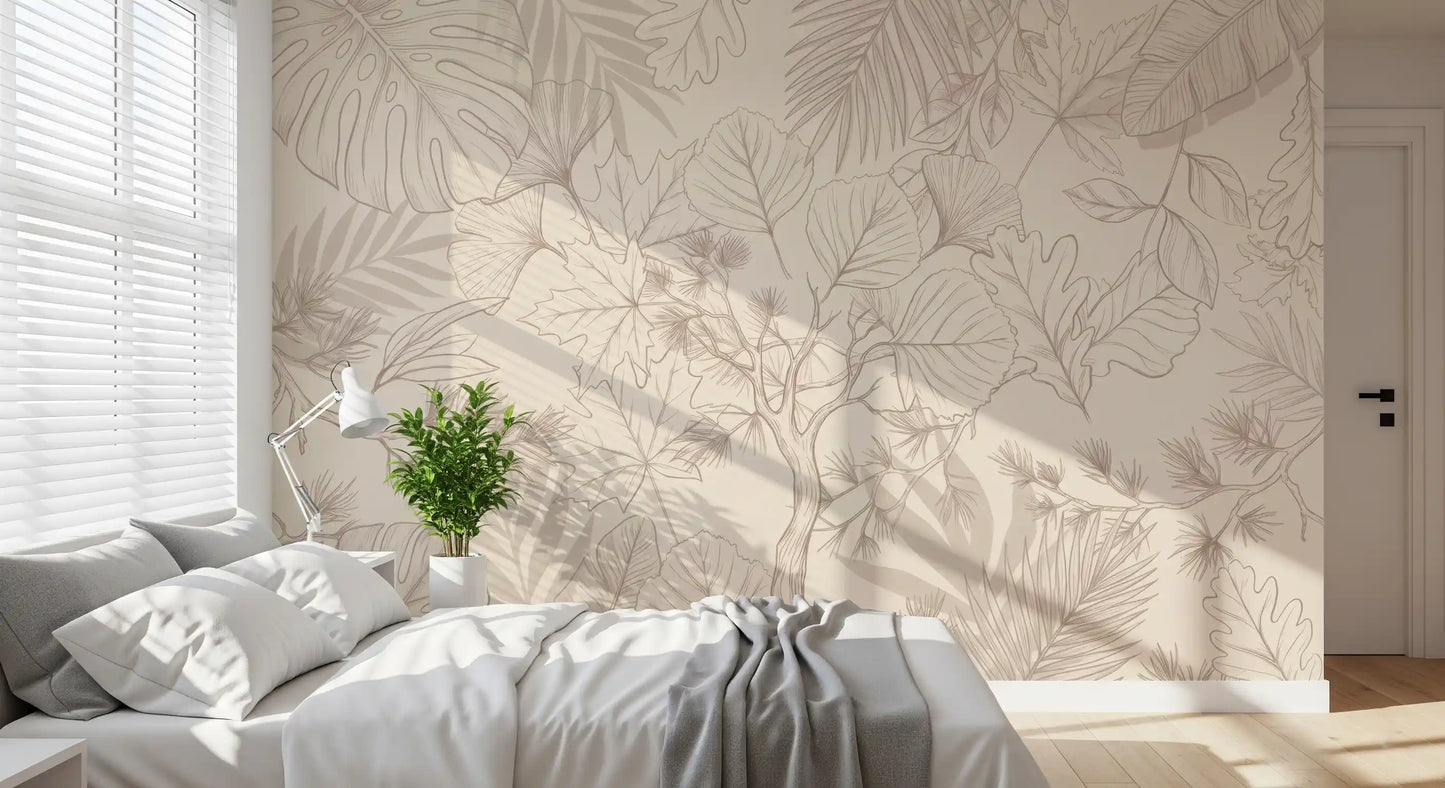 Cream Botanical Leaf Sketch Wall Mural