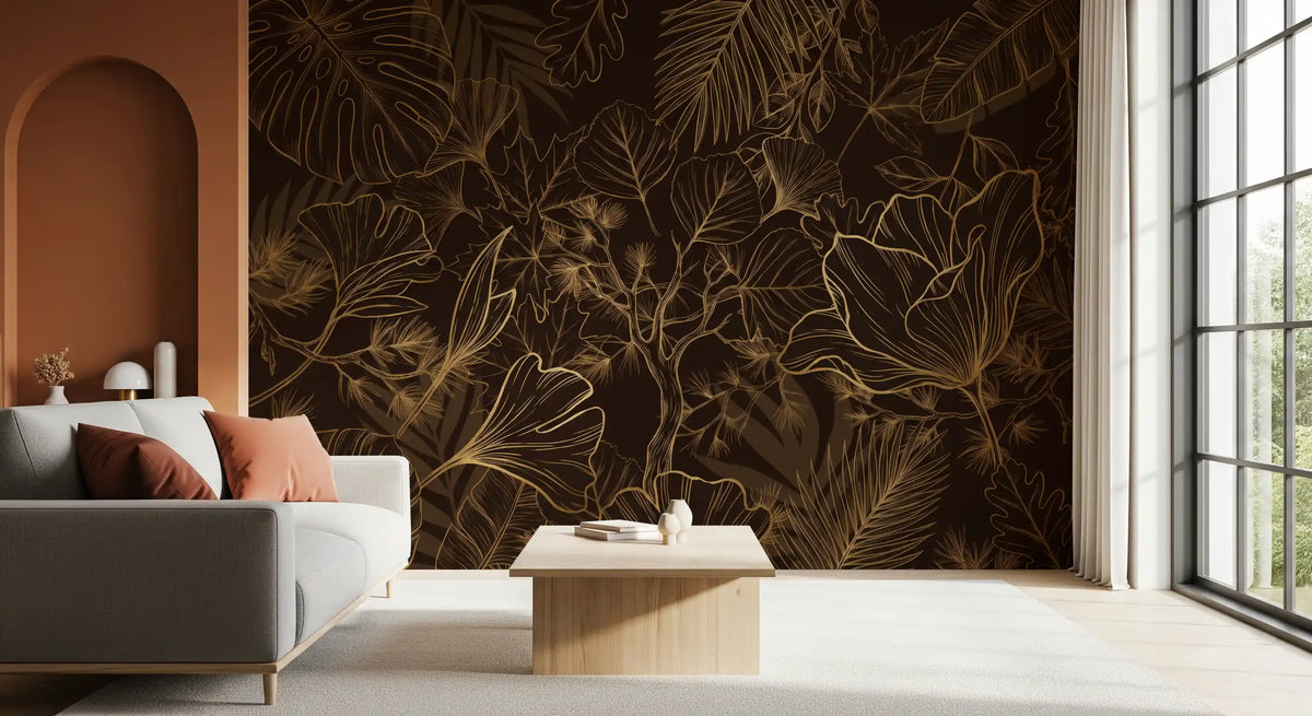 Gold and brown foliage mural in a living room with a grey sofa and terracotta arch GD12610