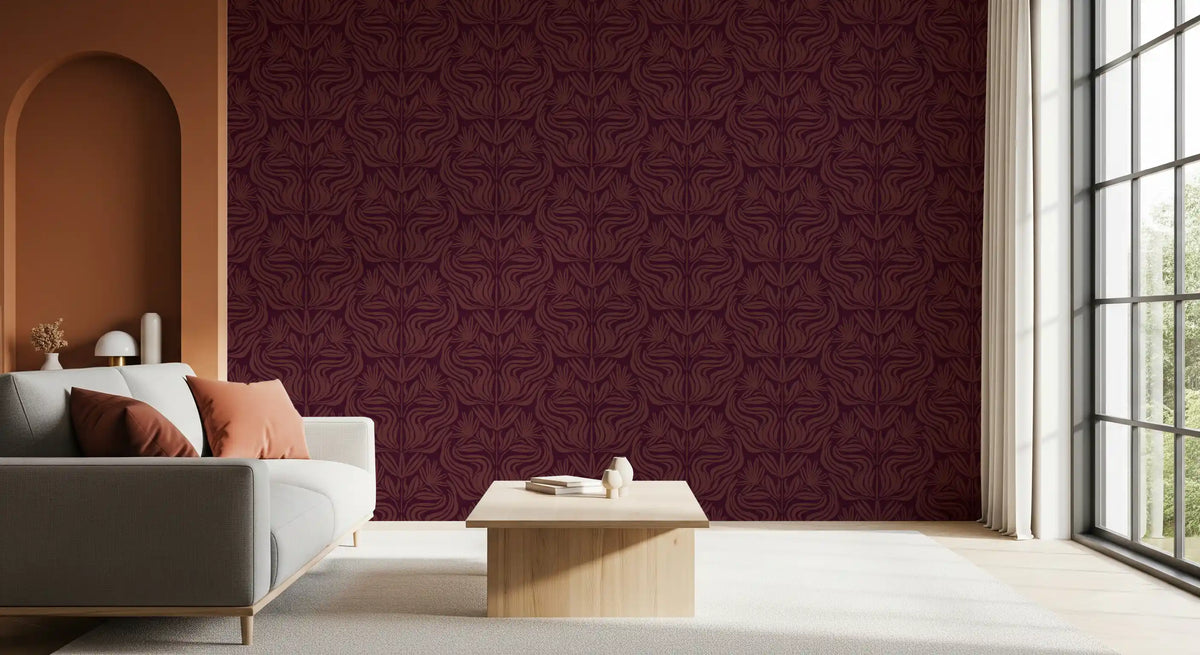 Deep Burgundy Damask Floral Pattern Wallpaper⁠