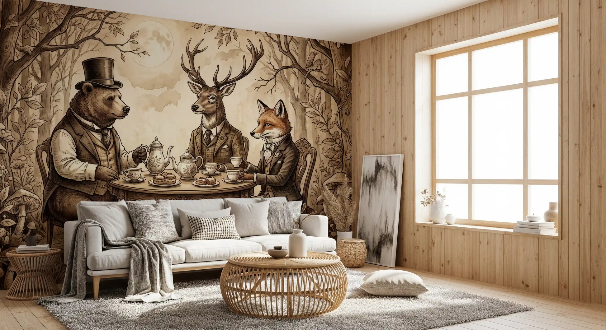 Woodland Tea Party in Sepia Wall Mural