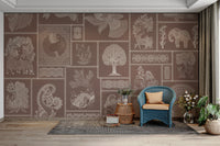 Hand-drawn tribal icons on warm base

