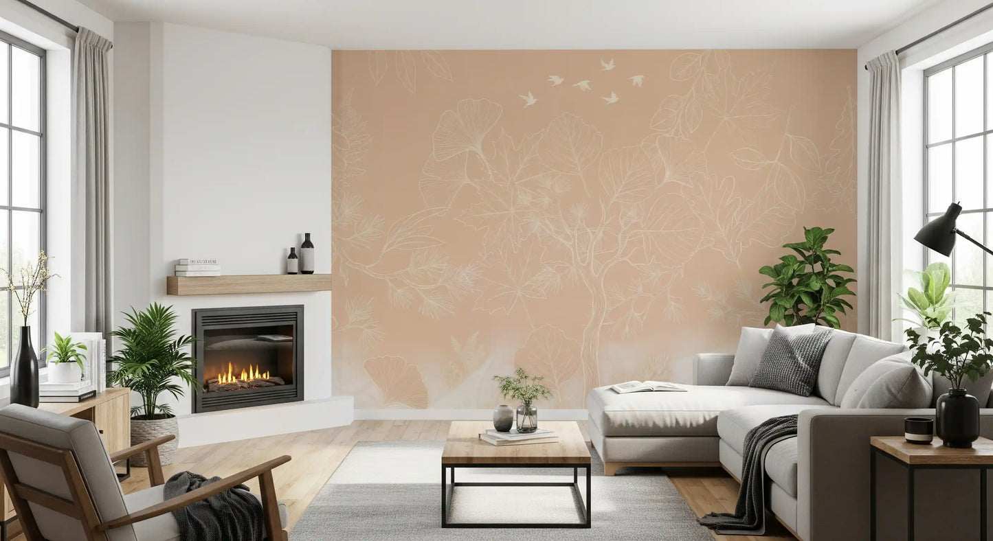 Serene Peach Botanical Line Art Wall Mural