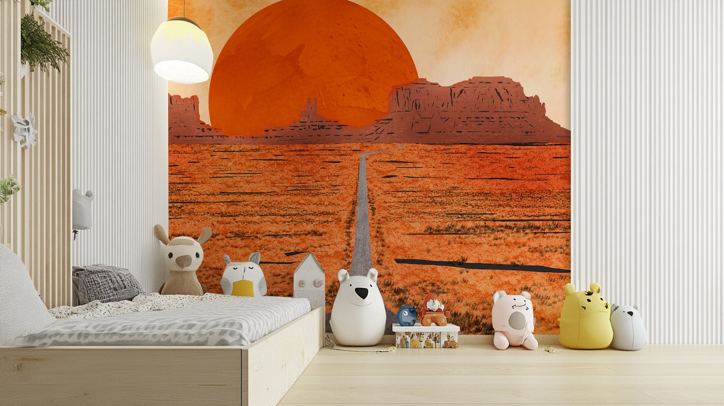 Desert sunset wall mural with red rocks

