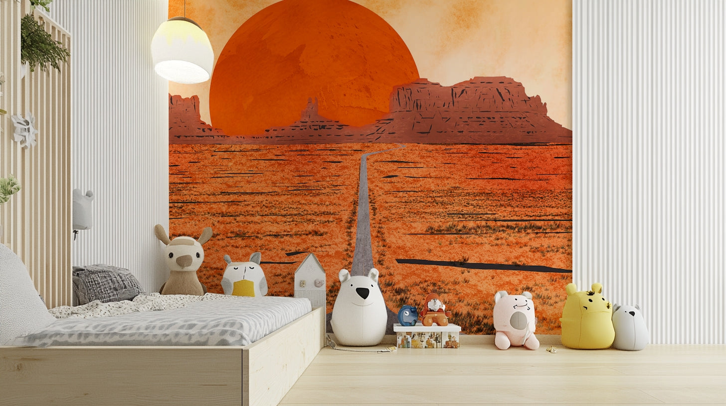 Desert sunset wall mural with red rocks

