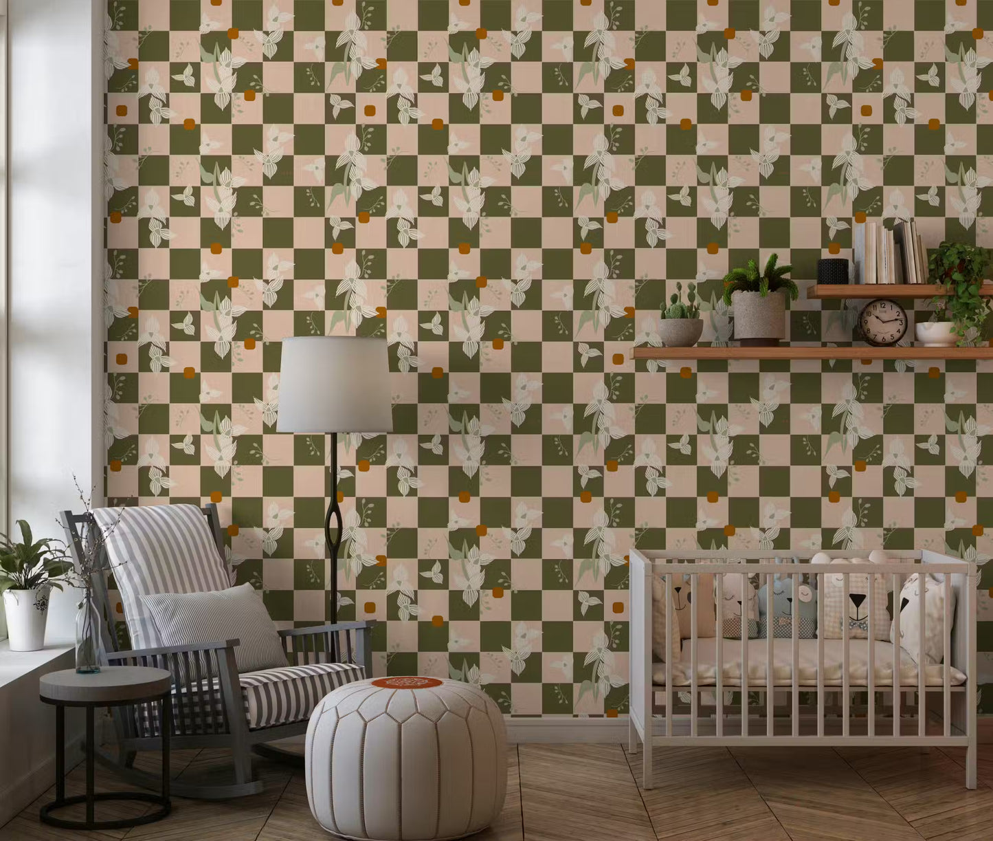 Olive Checker Floral Wallpaper Retro Boho Wallpaper⁠