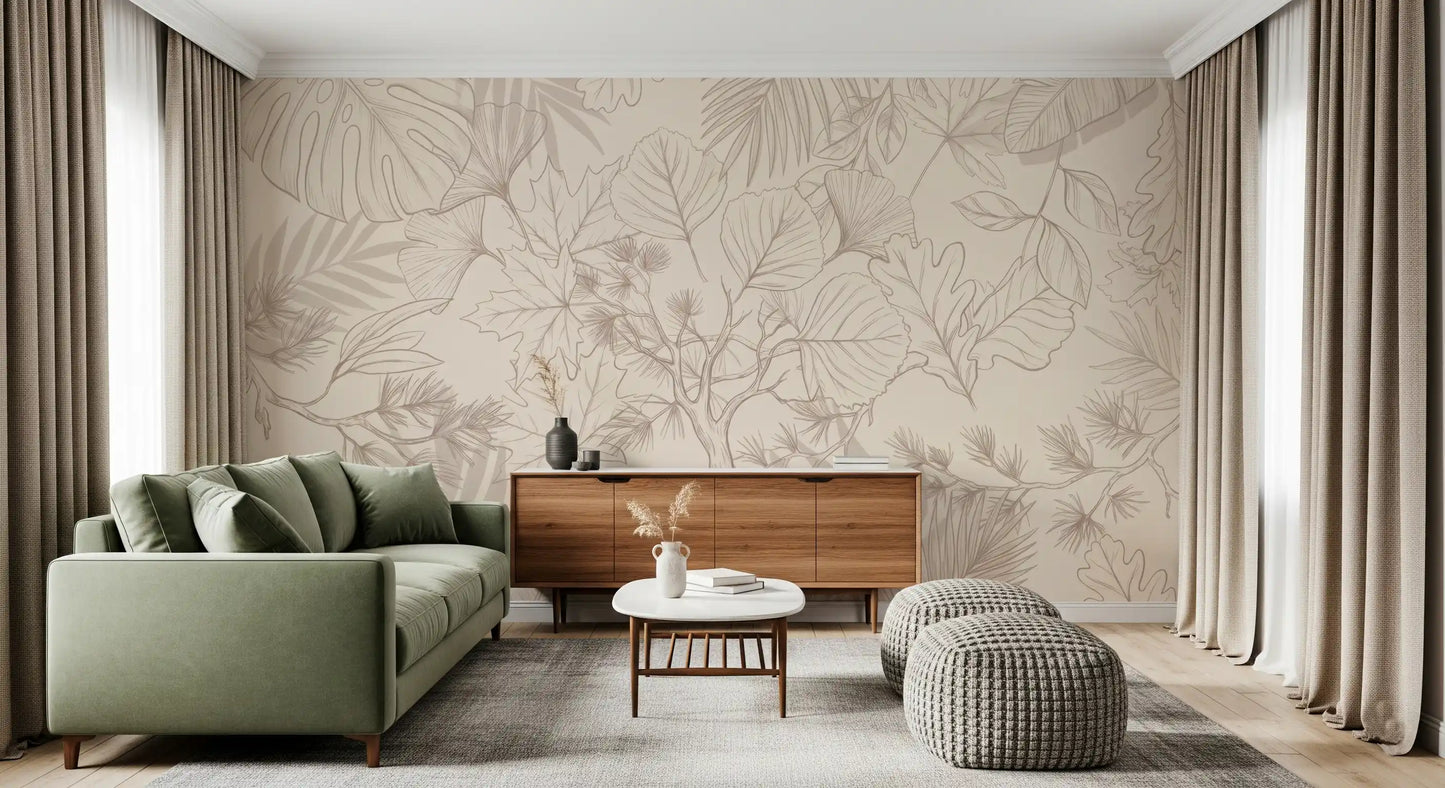 Cream Botanical Leaf Sketch Wall Mural