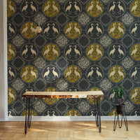 Charcoal art deco heron design wallpaper
