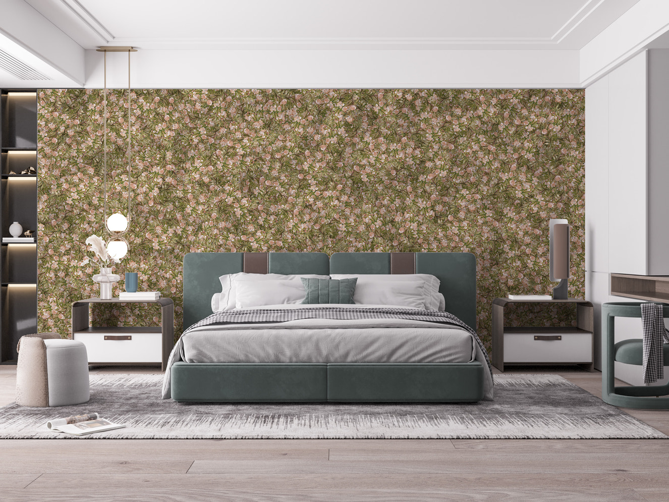 Watercolor flowers and green leaf wallpaper mural
