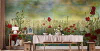 Poppy Flower Watercolor Green Wallpaper Murals - Giffywalls
