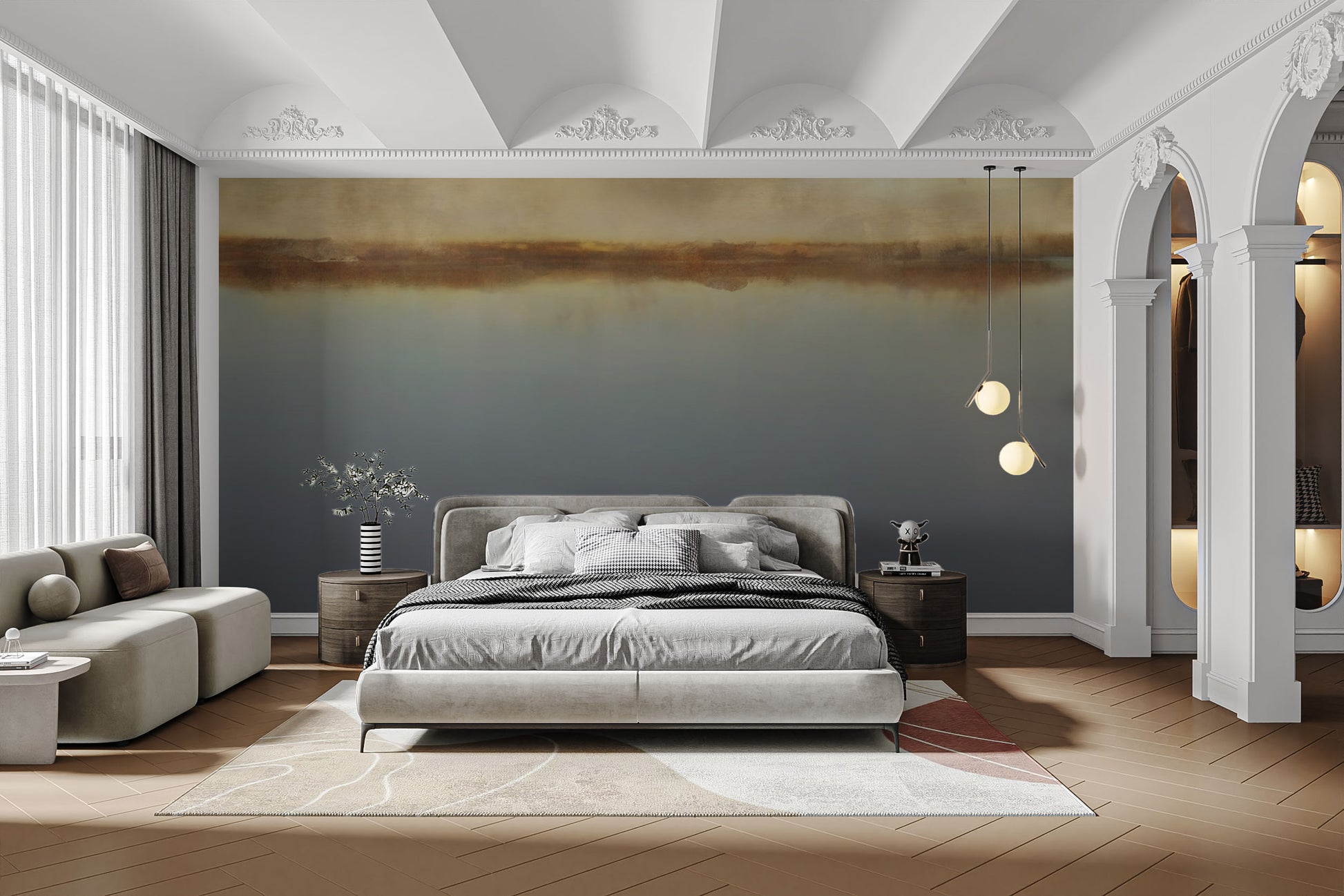 Soft misty lake scene wall covering
