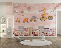 Hot air balloons and animals kids' mural
