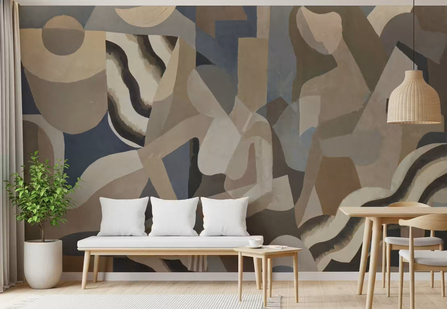 Contemporary smoke effect mural with curved abstract beige-grey patterns, GD10396