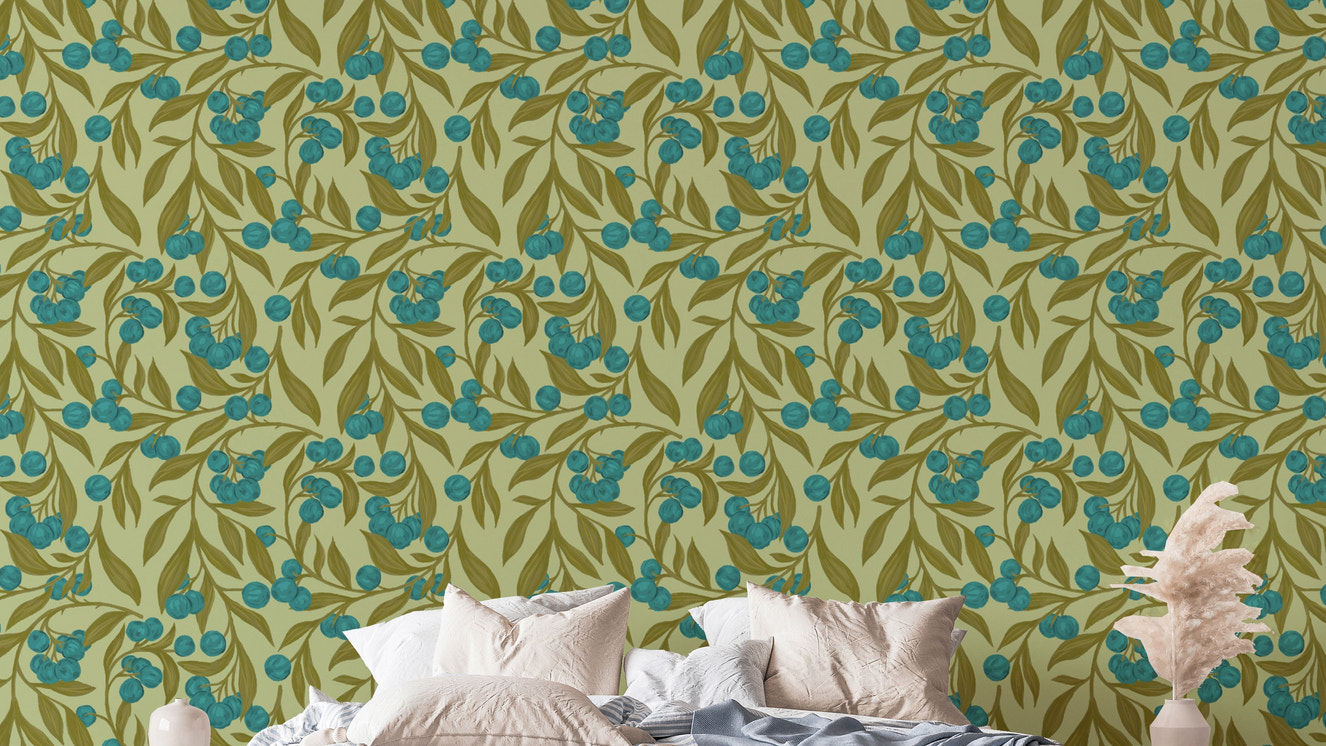 Refreshing blue wallpaper featuring autumn berries for walls.
