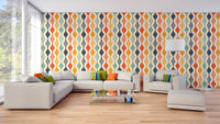 Vibrant retro curves wallpaper with colorful patterns in living room