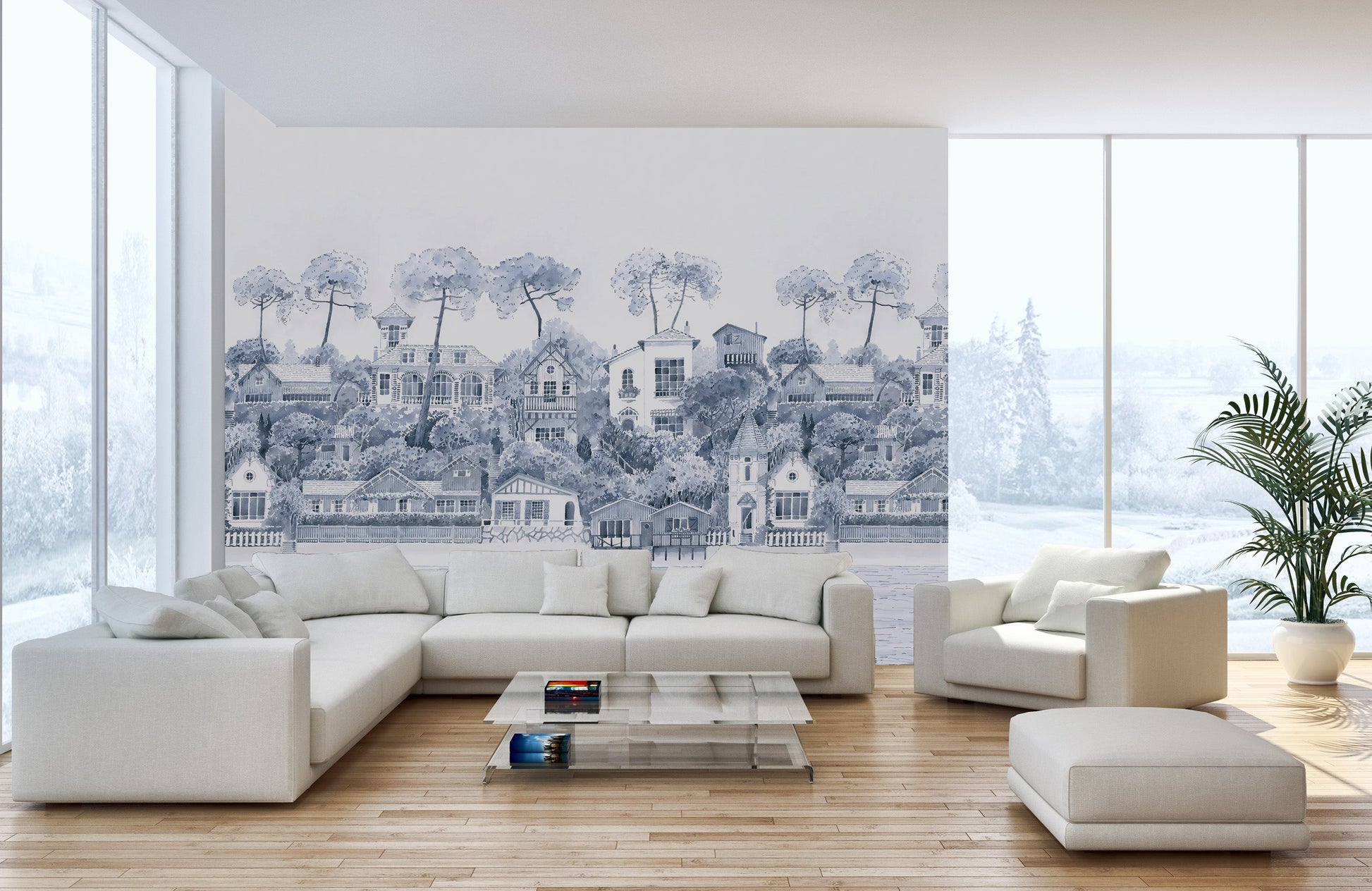 Serene coastal landscape watercolor wallpaper