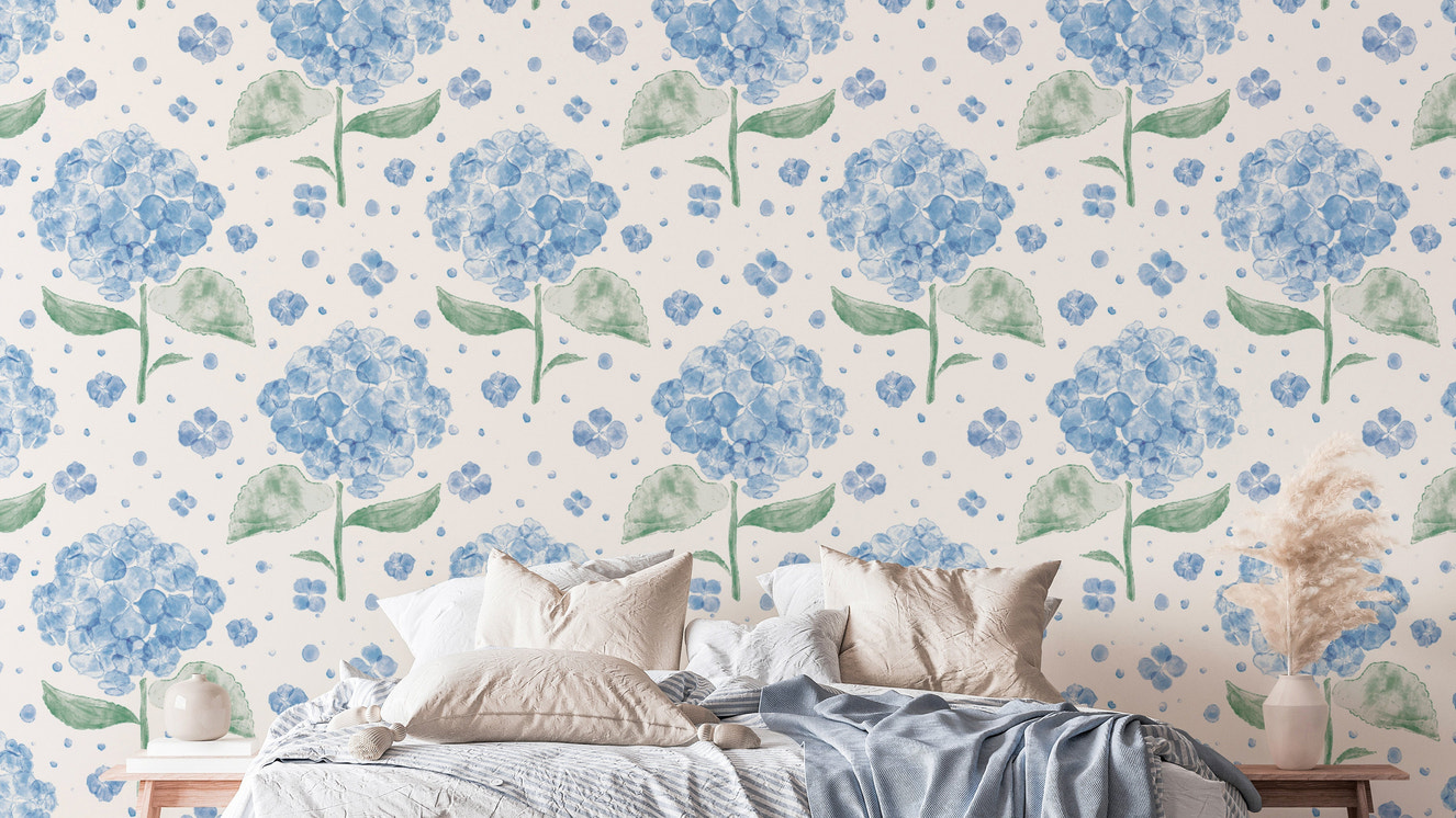 Delicate blue hydrangea mural for a soft and airy floral vibe.
