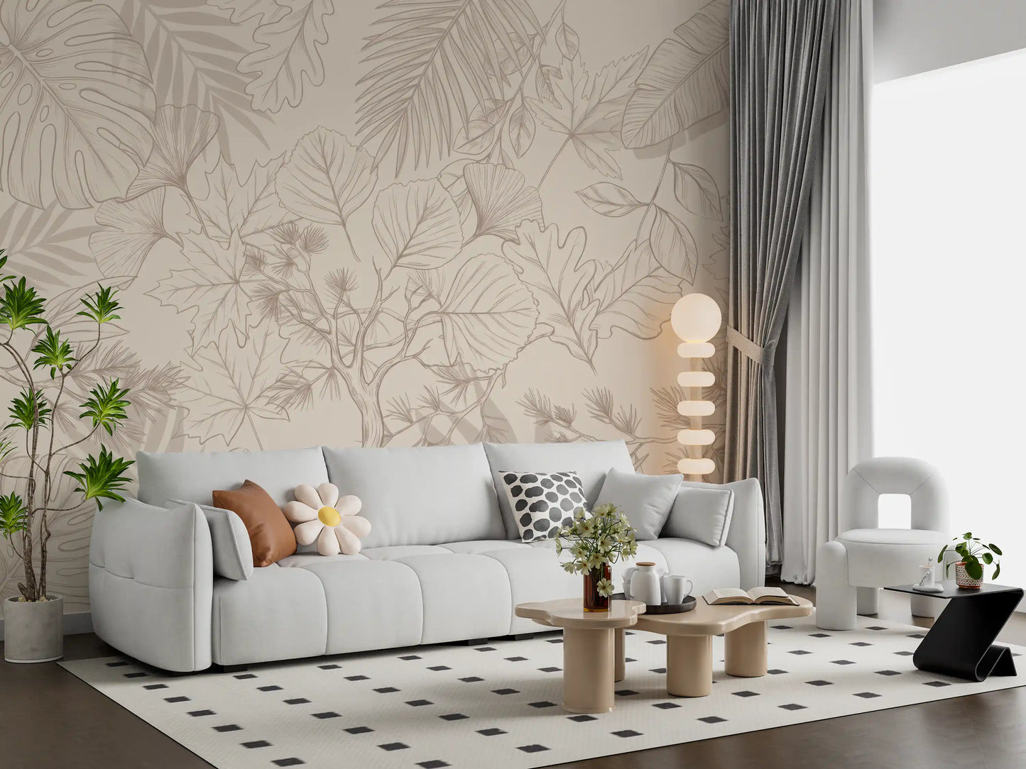Cream Botanical Leaf Sketch Wall Mural