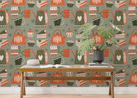 Green retro wallpaper for coffee-themed decor
