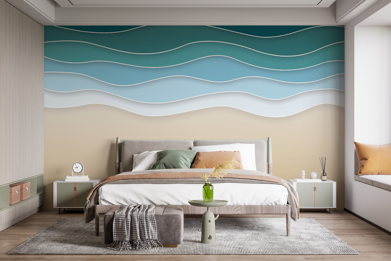 Serene ocean embrace layered wall mural for tranquil interiors.
