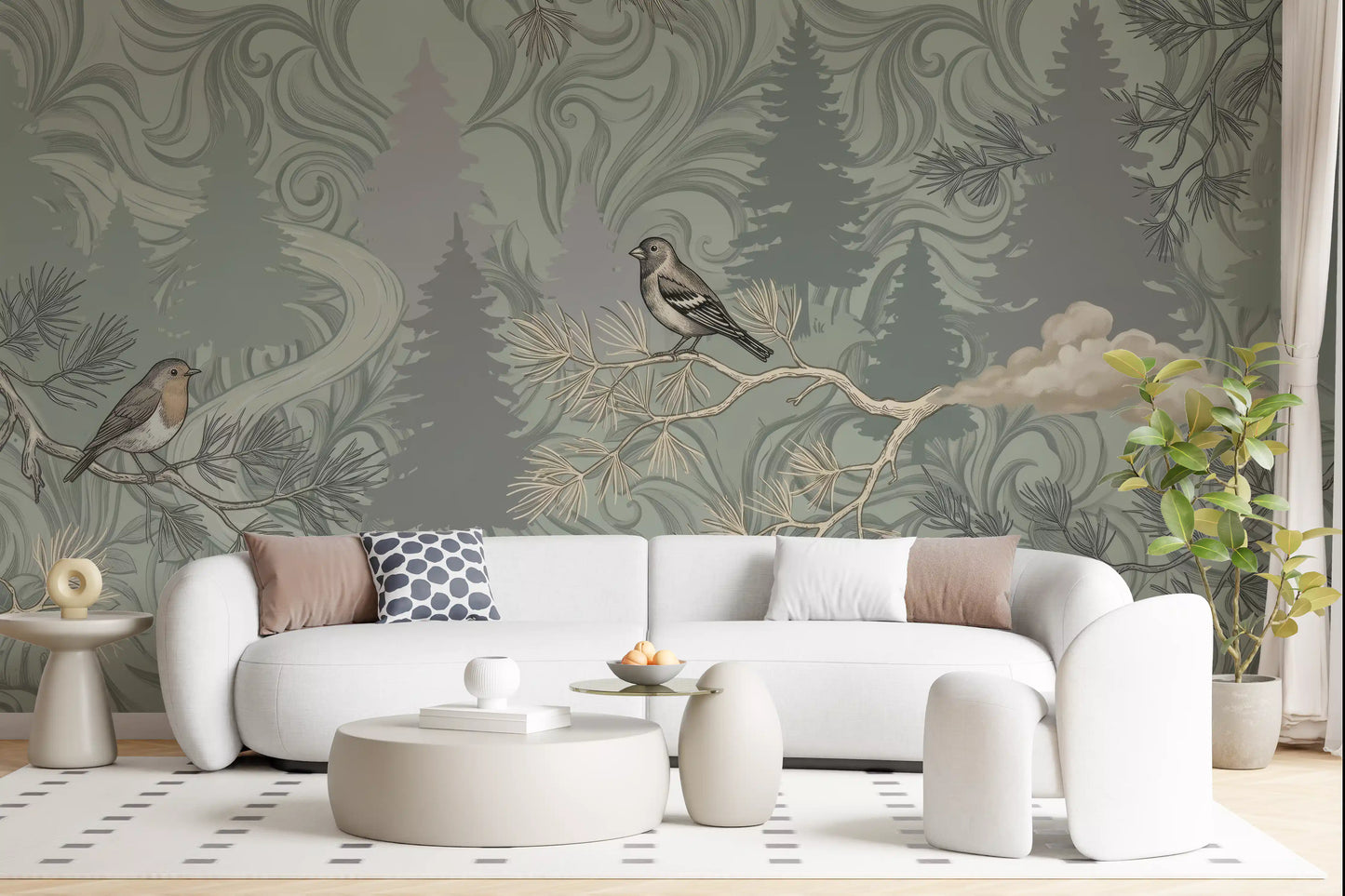 Misty Pine Forest Aviary Wall Mural
