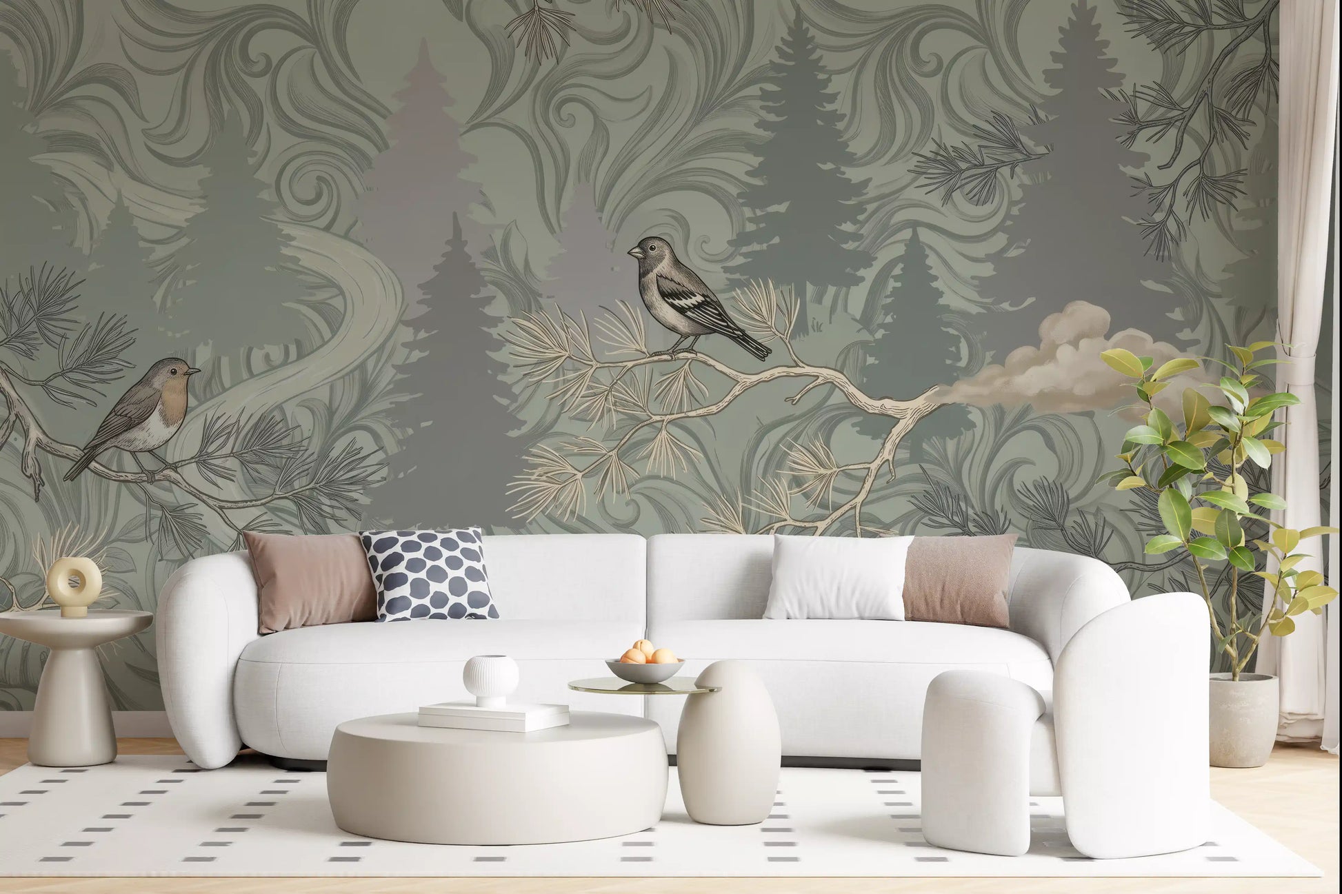 Misty Pine Forest Aviary Wall Mural