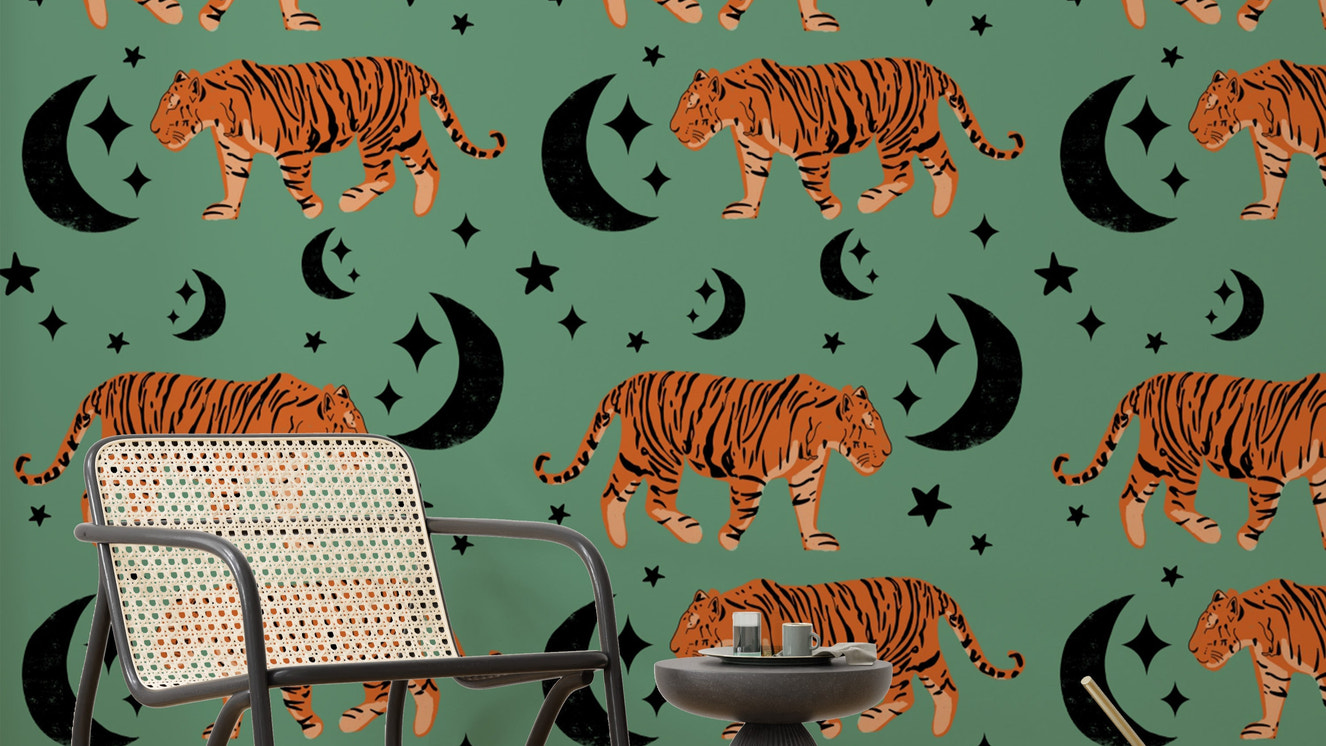 Cool tiger design Tiger Moon Green Kids Wallpaper