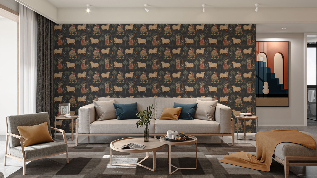 Pichwai cow wallpaper with lotus motifs