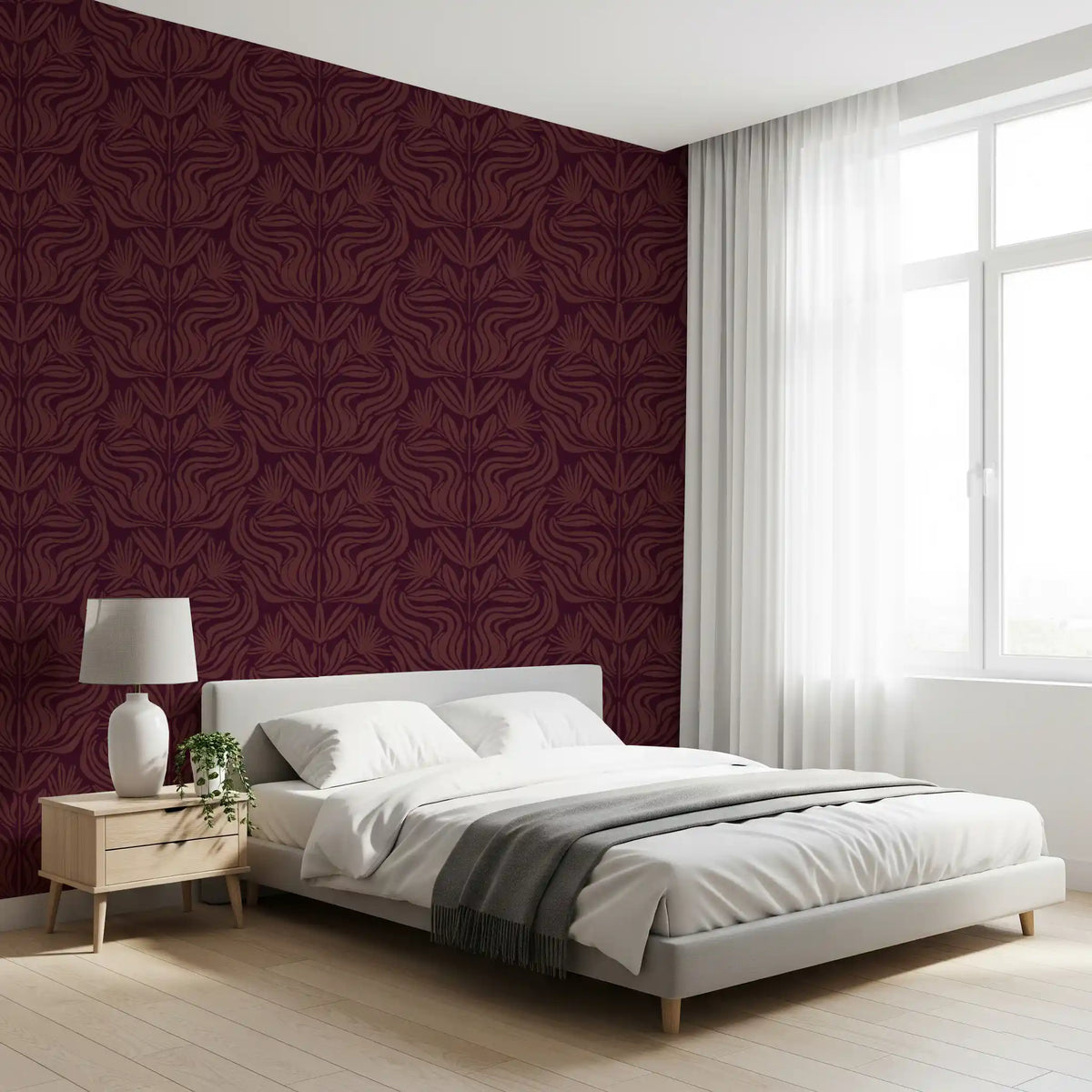 Deep Burgundy Damask Floral Pattern Wallpaper⁠
