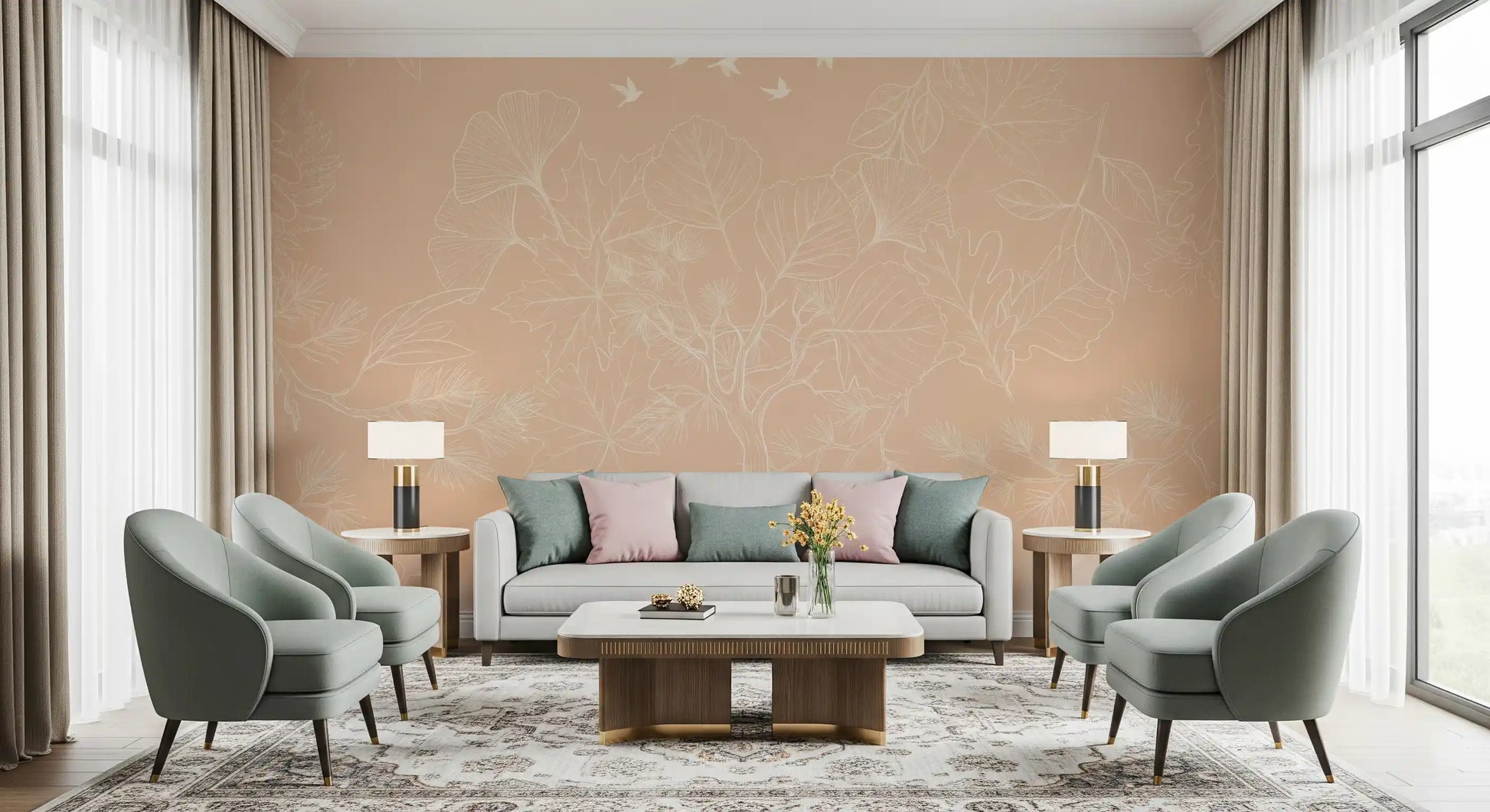 Serene Peach Botanical Line Art Wall Mural