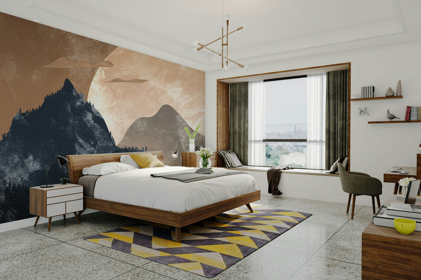 Birds flying at sunset mural

