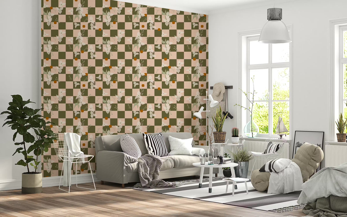 Olive Checker Floral Wallpaper Retro Boho Wallpaper⁠