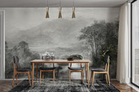 Classic etched mountain scene mural
