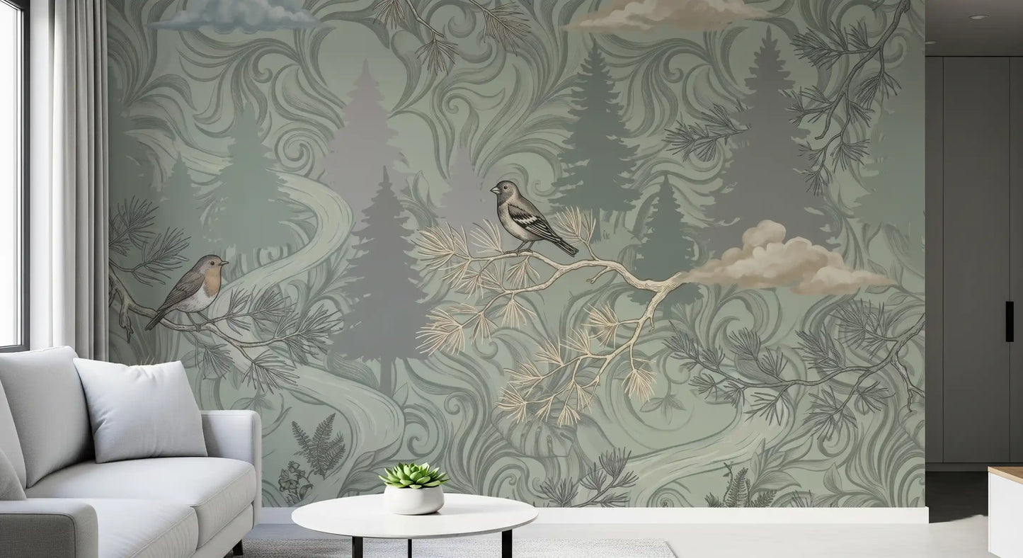 Misty Pine Forest Aviary Wall Mural