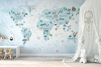 Nursery world map murals in soothing blue
