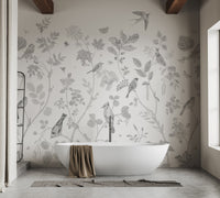 Gray bird wallpaper with botanical harmony