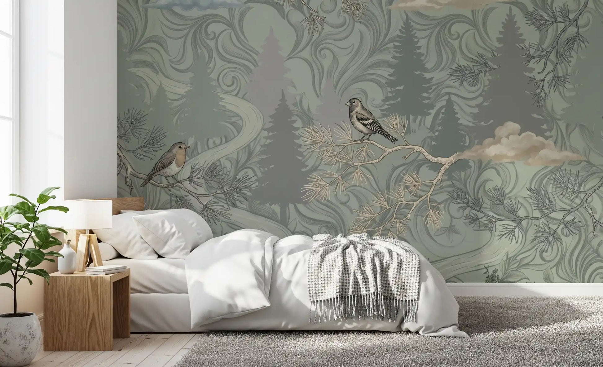 Misty Pine Forest Aviary Wall Mural